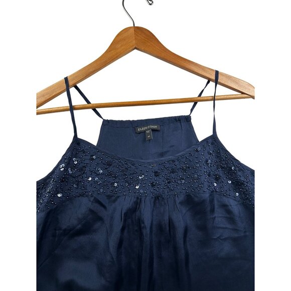Eileen Fisher Rare Vintage 100% Silk Navy Blue Beaded Sequin Slip Dress XS - Picture 4 of 7